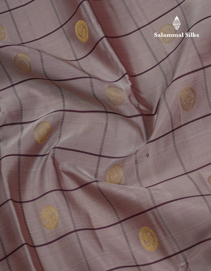 Beautiful Light Brown Checks With Peacock Butta Pure Kanjivaram Silk Saree With Contrast Dark Brown Traditional Gap Border
