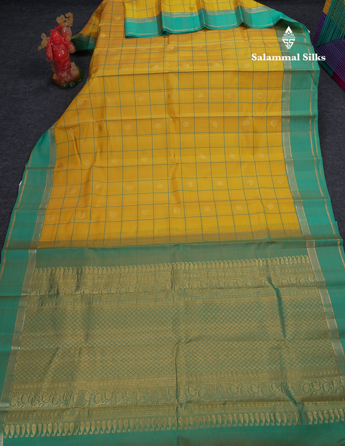 Beautiful Yellow Checks With Peacock Butta Pure Kanjivaram Silk Saree With Contrast Sapphire Green Traditional Gap Border