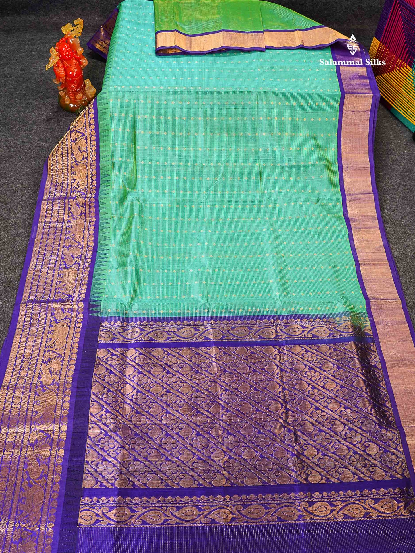 Pure Silk Cotton Saree - Sapphire Green Vaira Oosi Line With Butta Along With Contrast Royal Purple Traditional Evening Morning Border