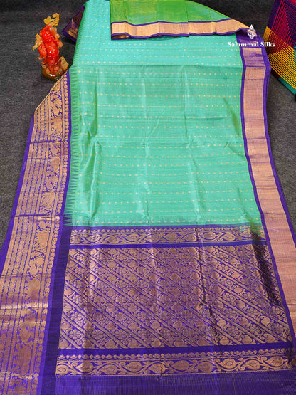 Pure Silk Cotton Saree - Sapphire Green Vaira Oosi Line With Butta Along With Contrast Royal Purple Traditional Evening Morning Border