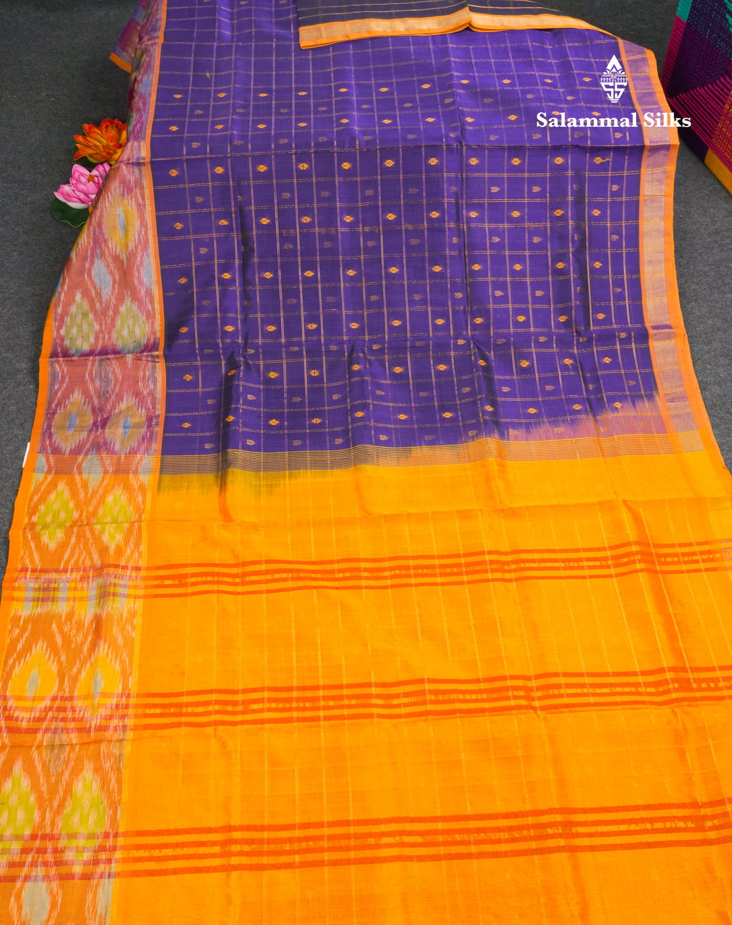 Violet Checks With Butta Pure Silk Cotton Saree With Tissue Ekkat Deisgn Border