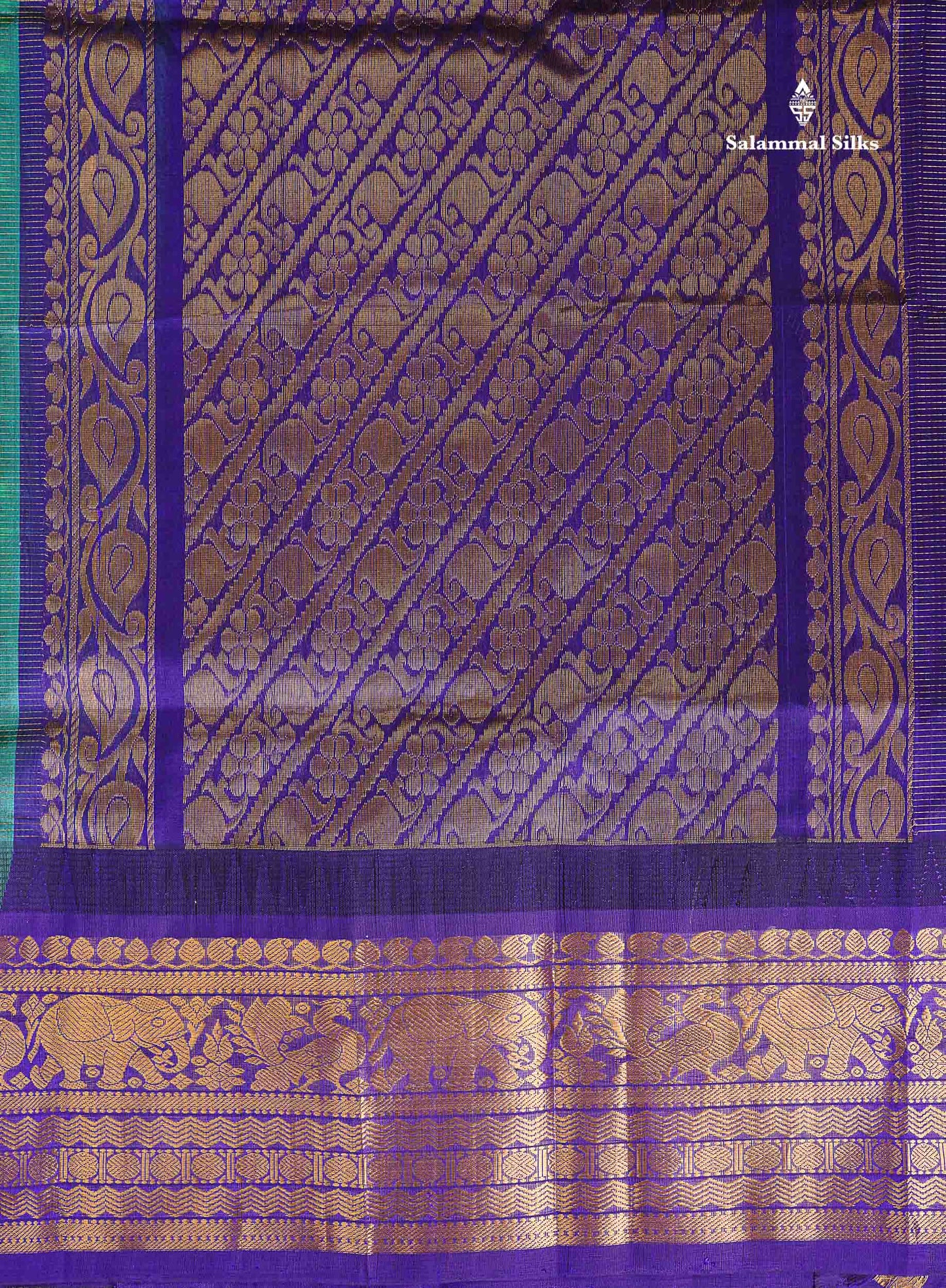 Pure Silk Cotton Saree - Sapphire Green Vaira Oosi Line With Butta Along With Contrast Royal Purple Traditional Evening Morning Border