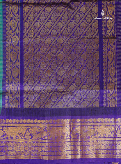 Pure Silk Cotton Saree - Sapphire Green Vaira Oosi Line With Butta Along With Contrast Royal Purple Traditional Evening Morning Border