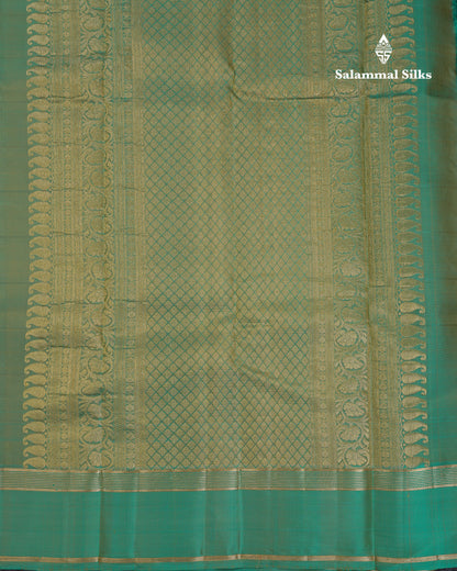 Beautiful Yellow Checks With Peacock Butta Pure Kanjivaram Silk Saree With Contrast Sapphire Green Traditional Gap Border