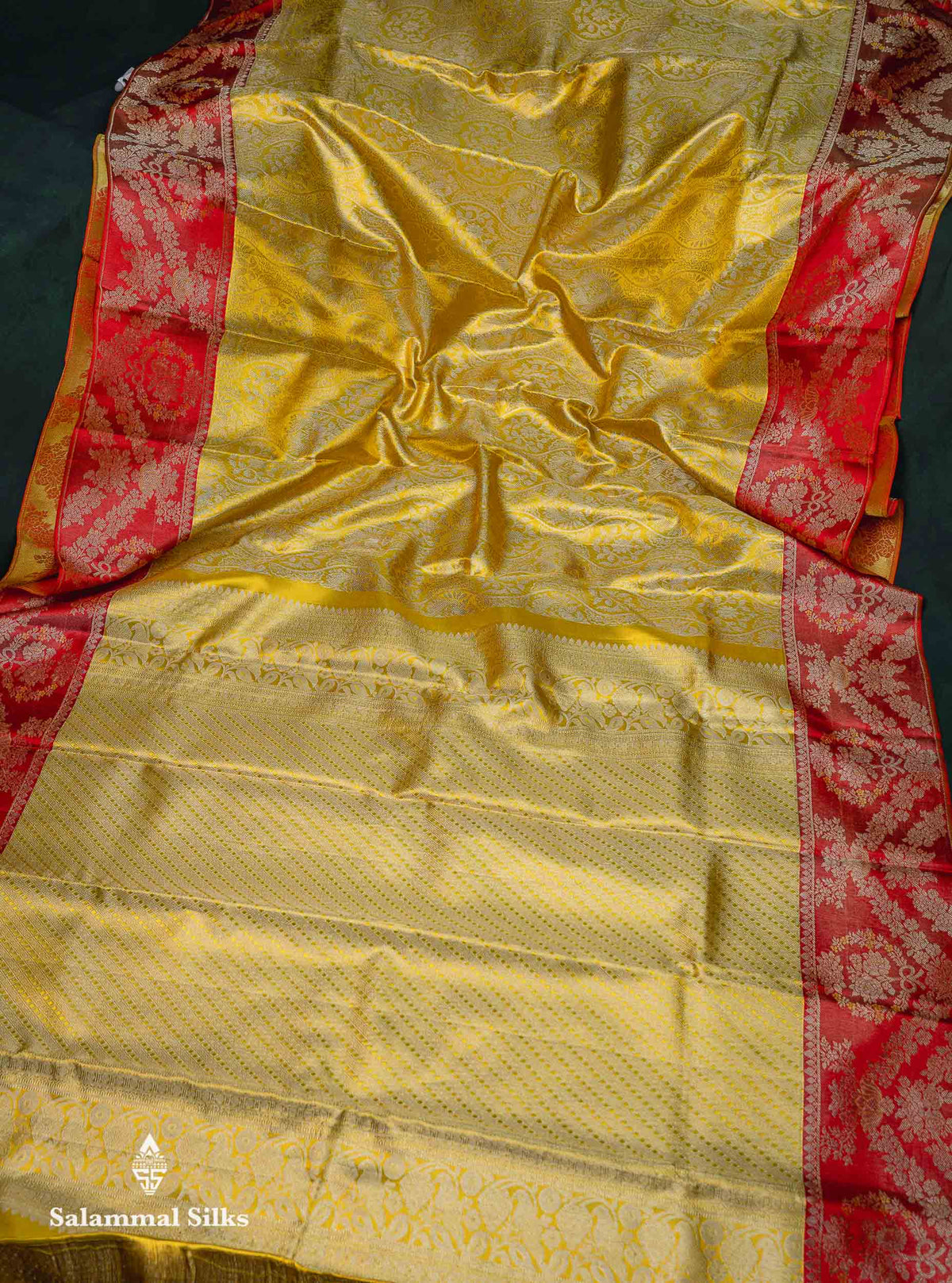 Beautiful Gold Tissue Bridal Pure Kanjivaram Silk Saree With Contrast Chilly Red Border