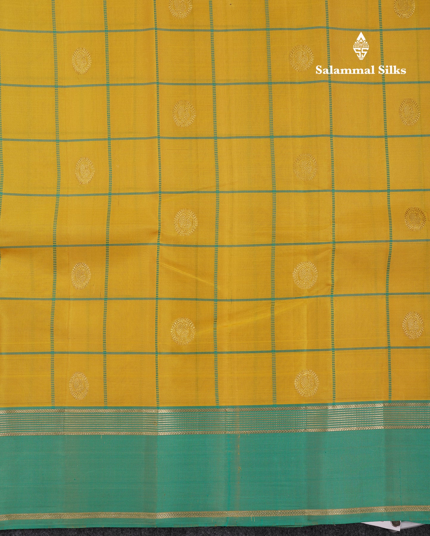 Beautiful Yellow Checks With Peacock Butta Pure Kanjivaram Silk Saree With Contrast Sapphire Green Traditional Gap Border