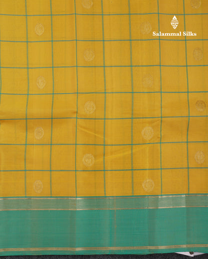 Beautiful Yellow Checks With Peacock Butta Pure Kanjivaram Silk Saree With Contrast Sapphire Green Traditional Gap Border