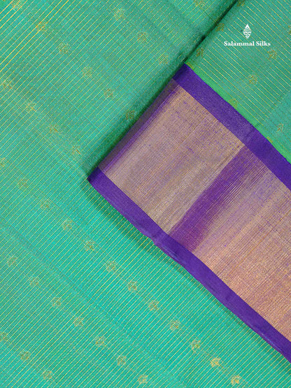 Pure Silk Cotton Saree - Sapphire Green Vaira Oosi Line With Butta Along With Contrast Royal Purple Traditional Evening Morning Border