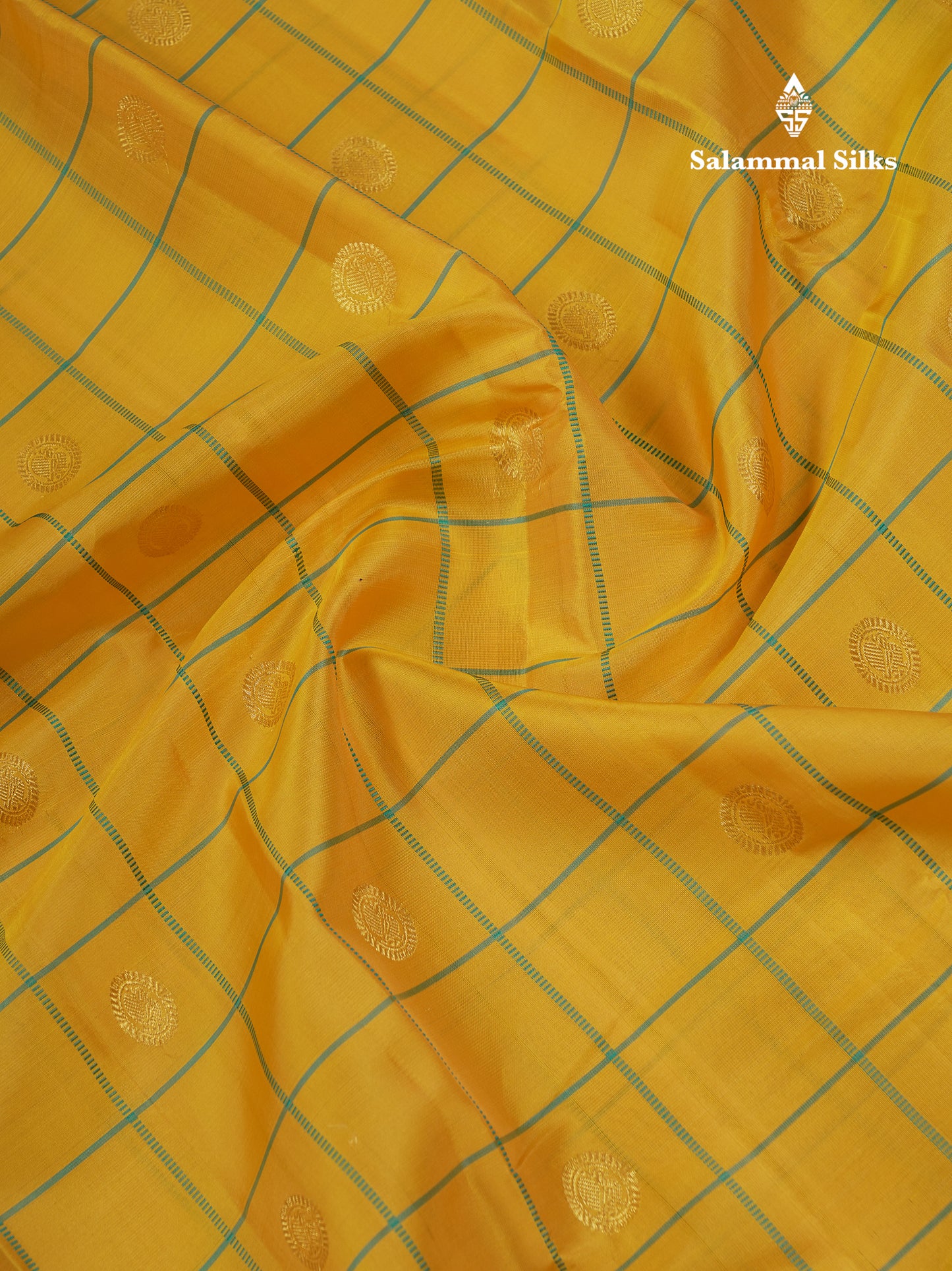 Beautiful Yellow Checks With Peacock Butta Pure Kanjivaram Silk Saree With Contrast Sapphire Green Traditional Gap Border