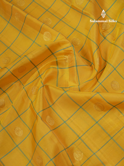 Beautiful Yellow Checks With Peacock Butta Pure Kanjivaram Silk Saree With Contrast Sapphire Green Traditional Gap Border