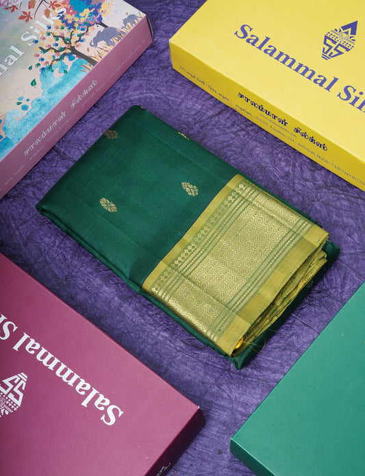 Bottle Green Pure Kanjivaram Silk Saree With Contrast Manthulir Yellow One Side Border