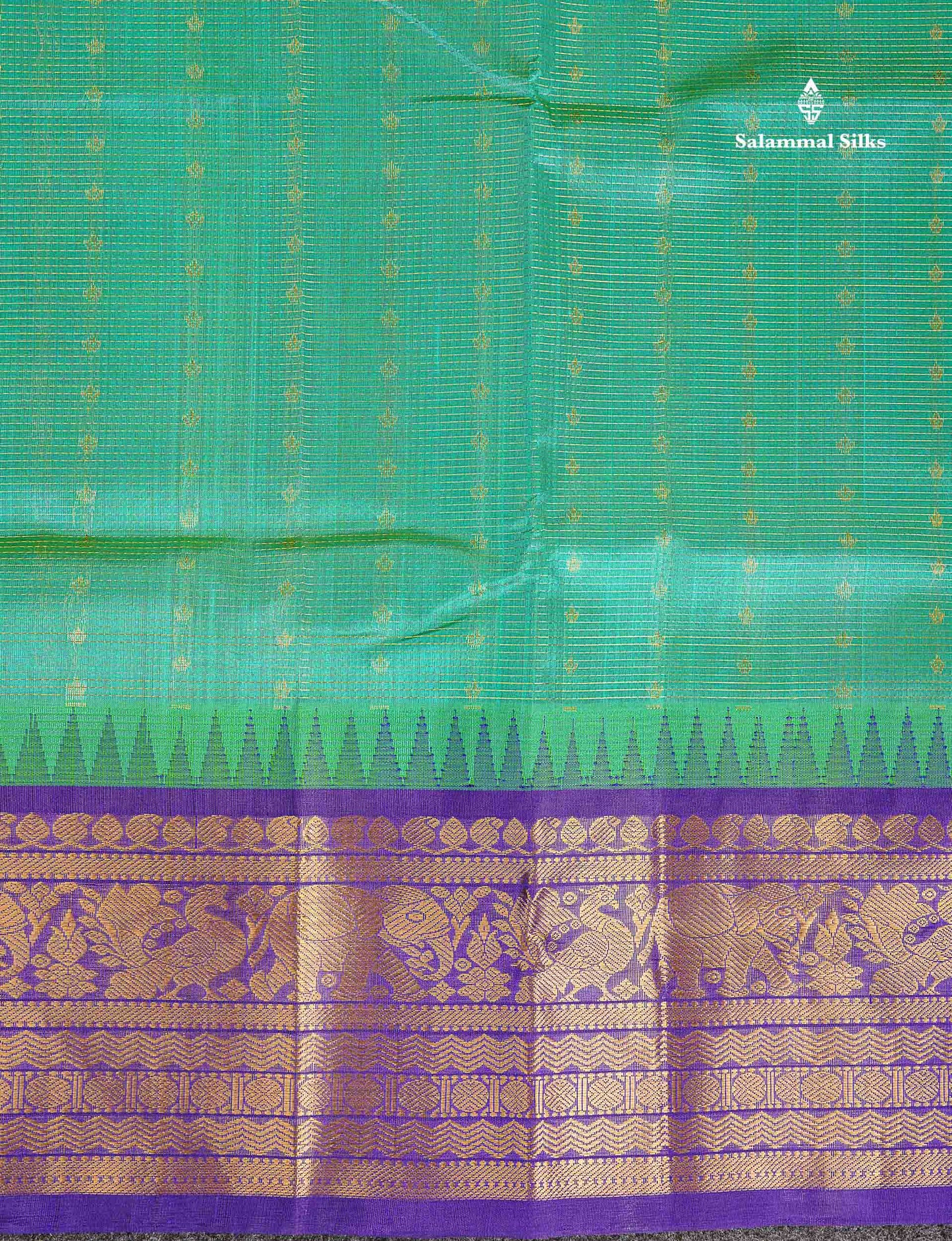 Pure Silk Cotton Saree - Sapphire Green Vaira Oosi Line With Butta Along With Contrast Royal Purple Traditional Evening Morning Border