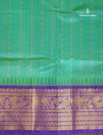Pure Silk Cotton Saree - Sapphire Green Vaira Oosi Line With Butta Along With Contrast Royal Purple Traditional Evening Morning Border