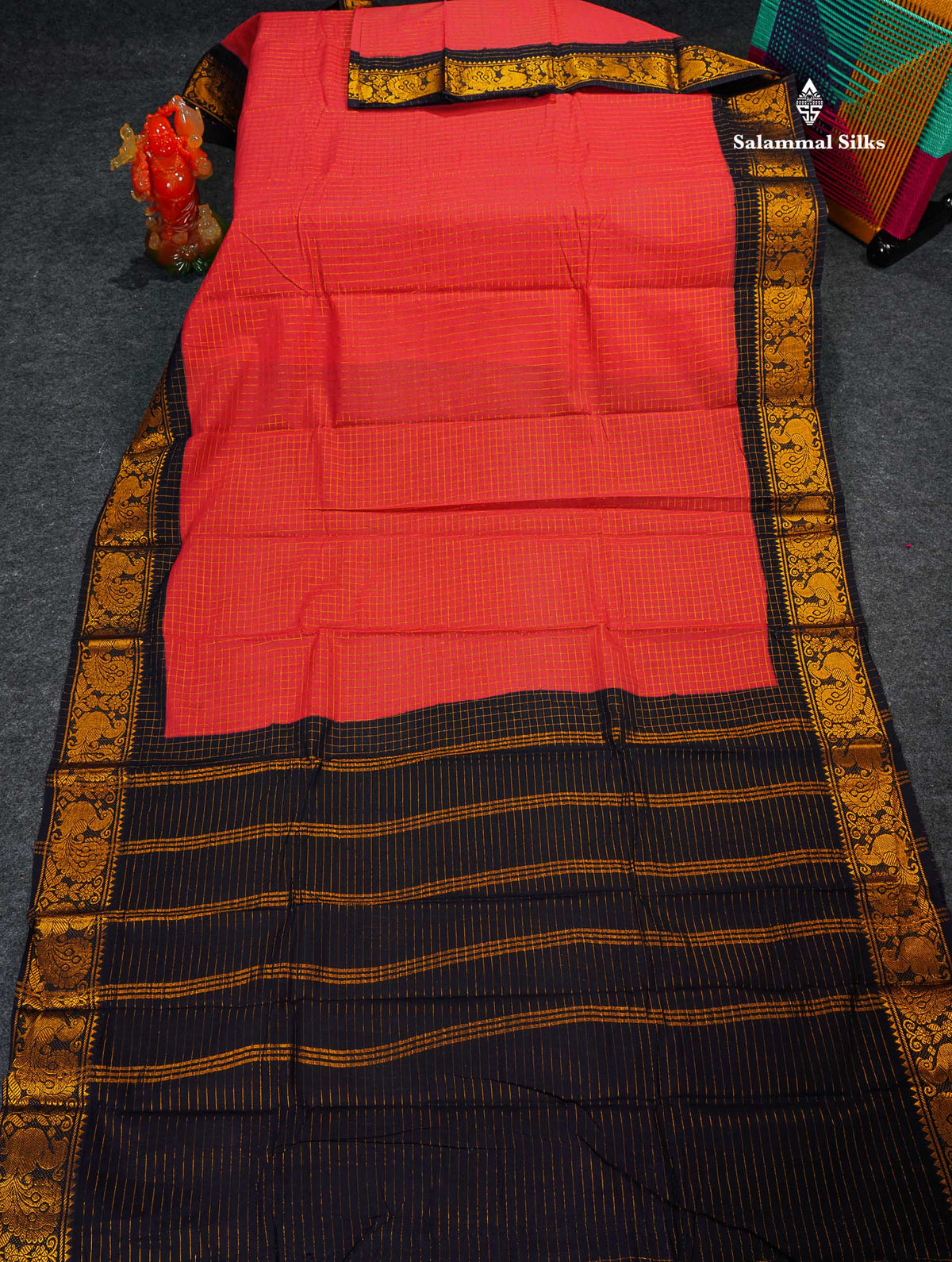 Sungudi Cotton Saree - Redish Peach Colour Body Small Zari Checks With Black Border