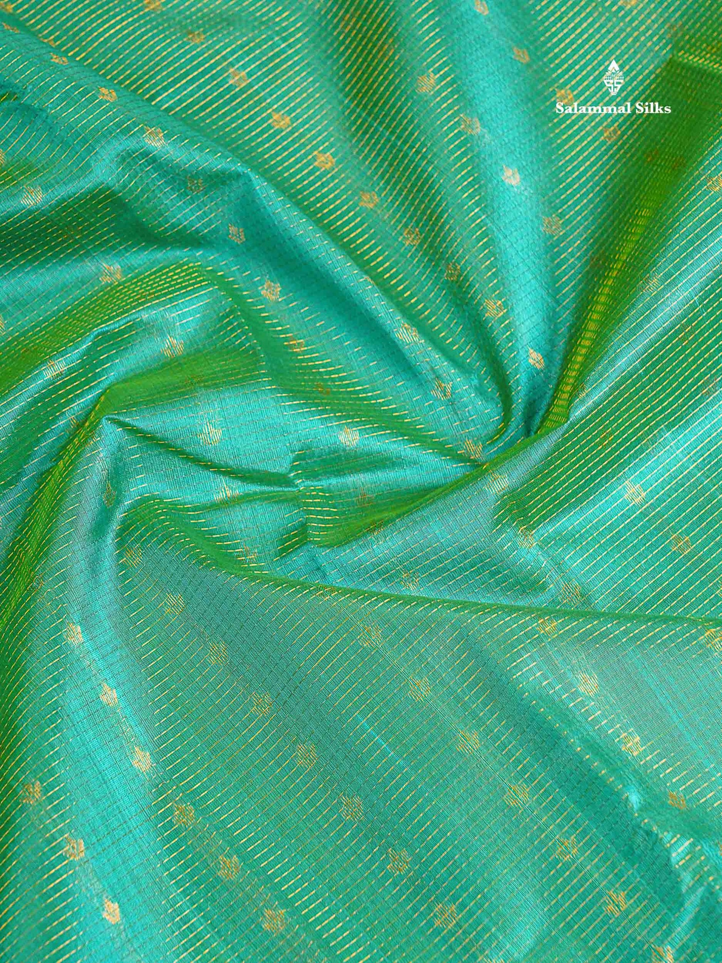 Pure Silk Cotton Saree - Sapphire Green Vaira Oosi Line With Butta Along With Contrast Royal Purple Traditional Evening Morning Border