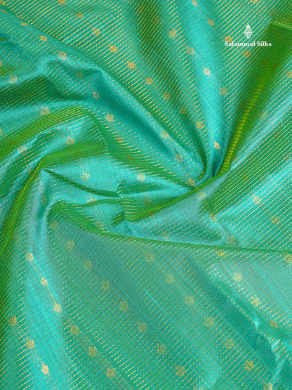 Pure Silk Cotton Saree - Sapphire Green Vaira Oosi Line With Butta Along With Contrast Royal Purple Traditional Evening Morning Border