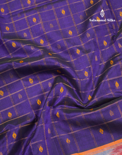 Violet Checks With Butta Pure Silk Cotton Saree With Tissue Ekkat Deisgn Border