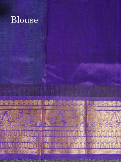 Pure Silk Cotton Saree - Sapphire Green Vaira Oosi Line With Butta Along With Contrast Royal Purple Traditional Evening Morning Border