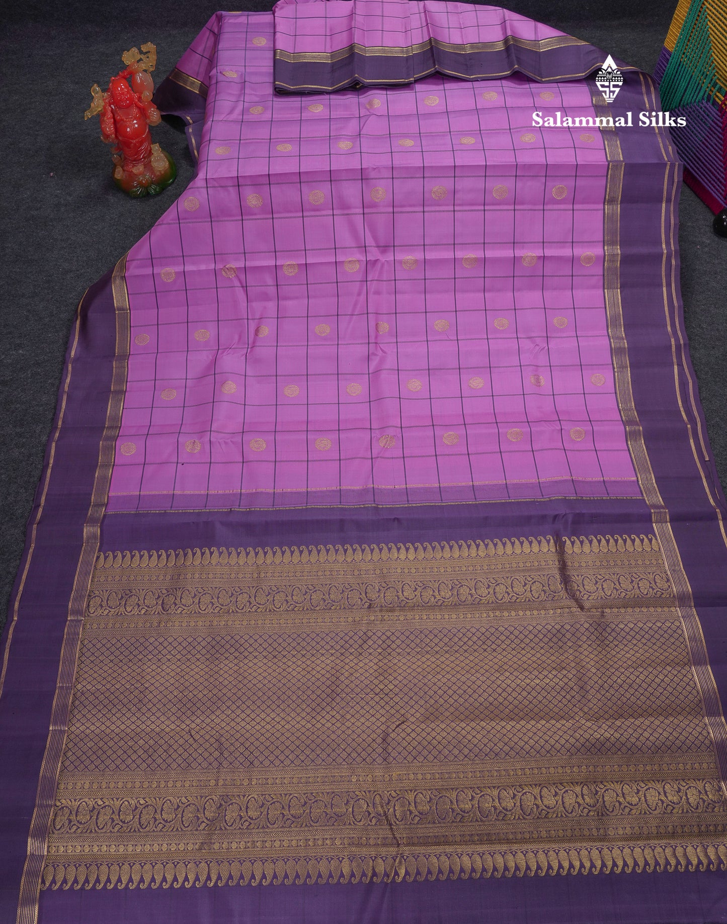 Beautiful Purple Checks With Peacock Butta Pure Kanjivaram Silk Saree With Contrast Violet Traditional Gap Border