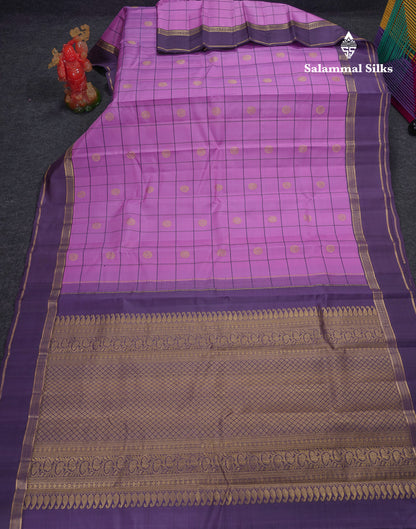 Beautiful Purple Checks With Peacock Butta Pure Kanjivaram Silk Saree With Contrast Violet Traditional Gap Border