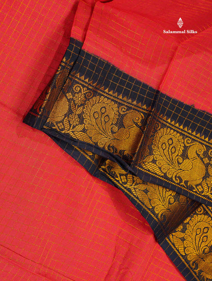 Sungudi Cotton Saree - Orange Colour Body Small Zari Checks With Baby Pink Border