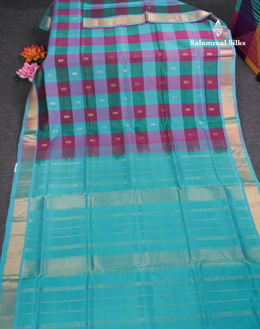 Paalum Pazham Checks Pure Silk Cotton Saree With Contrast Sapphire Blue Blouse
