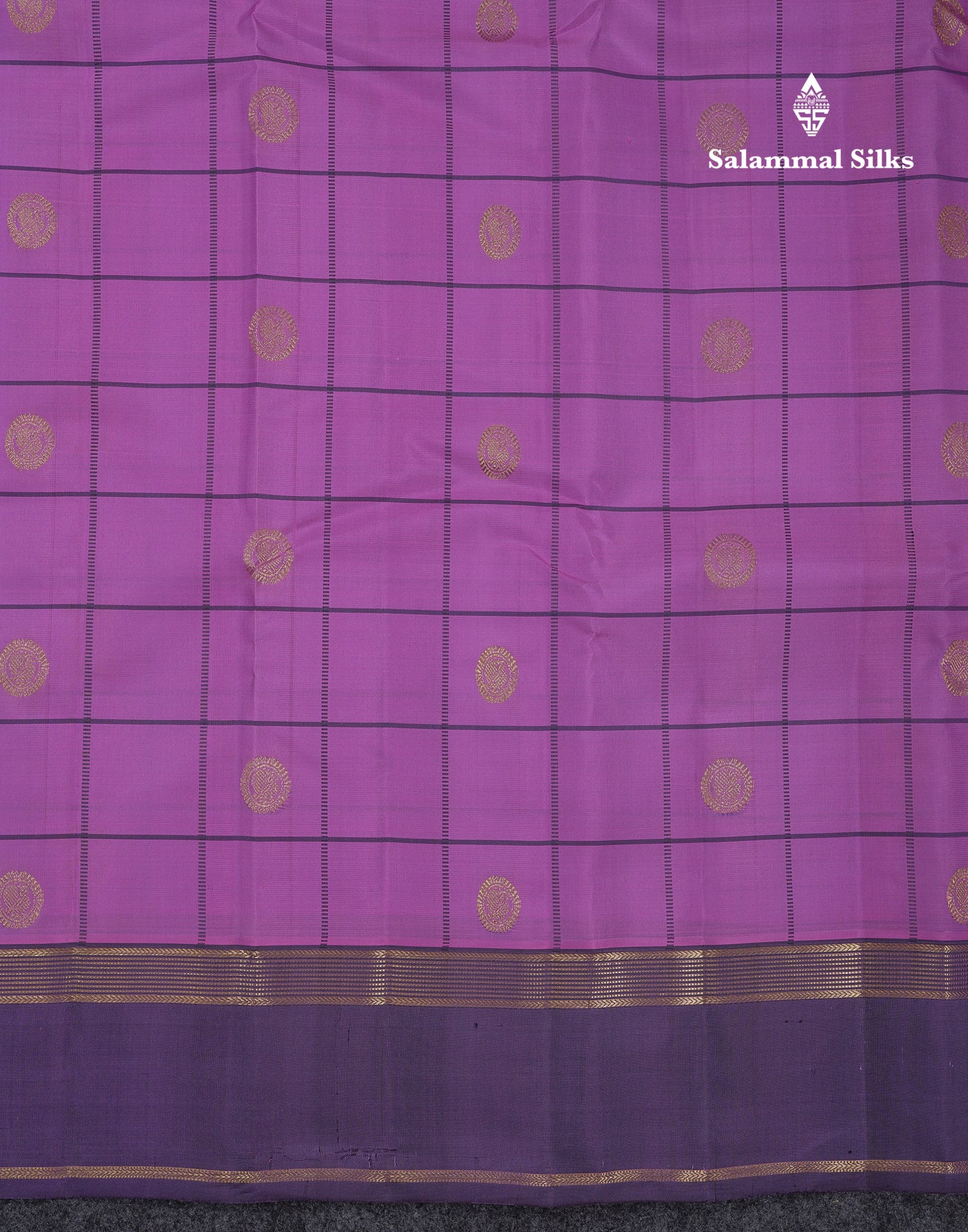 Beautiful Purple Checks With Peacock Butta Pure Kanjivaram Silk Saree With Contrast Violet Traditional Gap Border