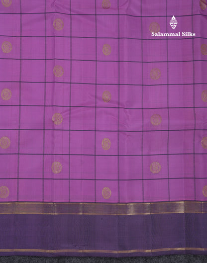 Beautiful Purple Checks With Peacock Butta Pure Kanjivaram Silk Saree With Contrast Violet Traditional Gap Border