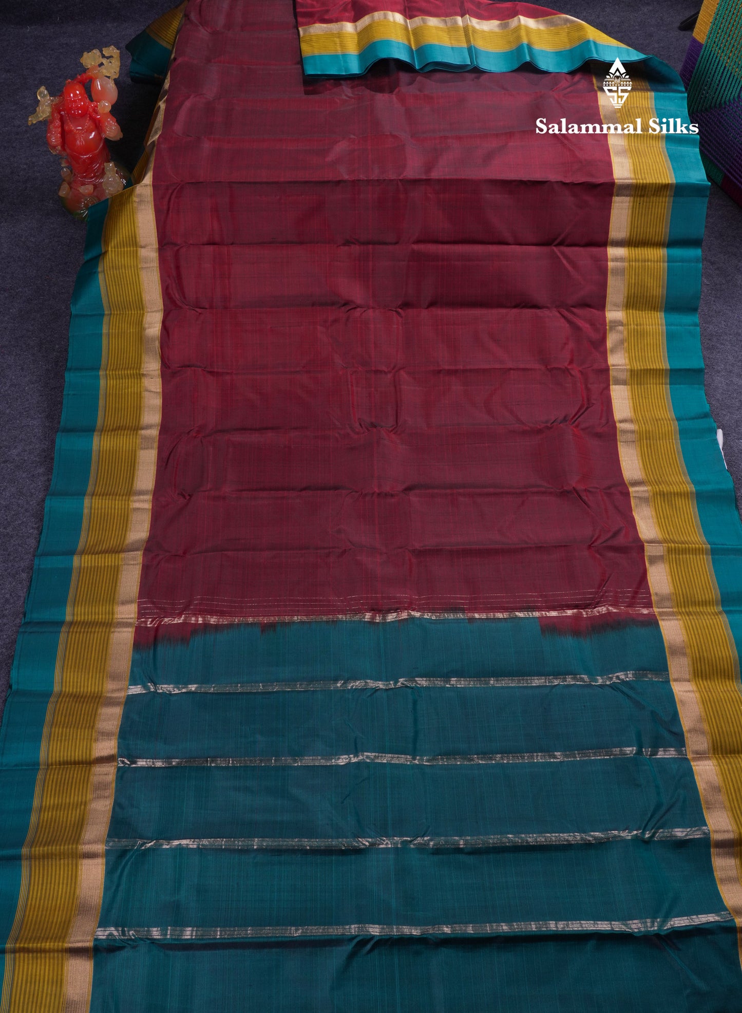 Beautiful Dark Maroon Pure Kanjivaram Silk Saree With Contrast Peacock Green Border
