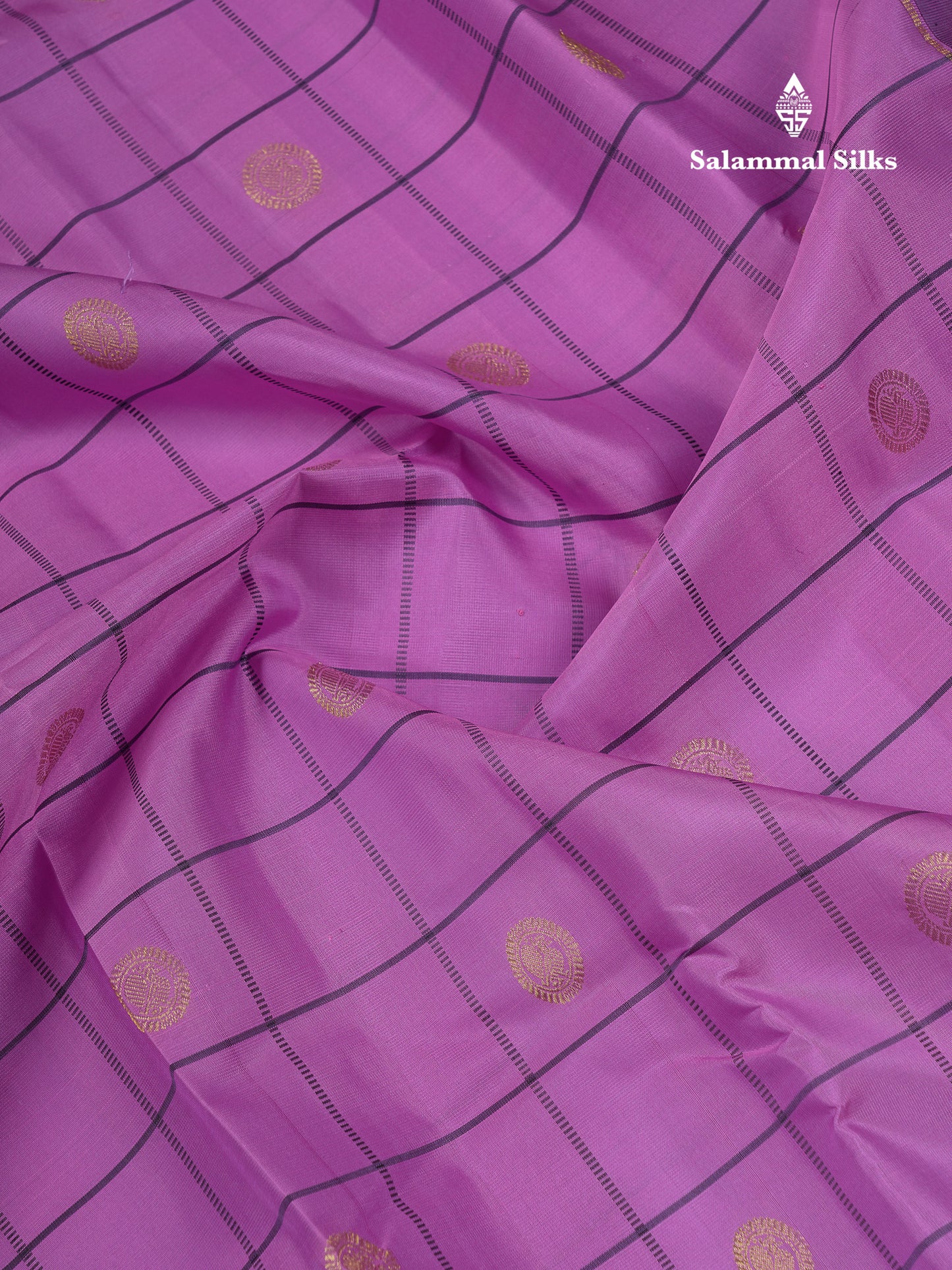 Beautiful Purple Checks With Peacock Butta Pure Kanjivaram Silk Saree With Contrast Violet Traditional Gap Border