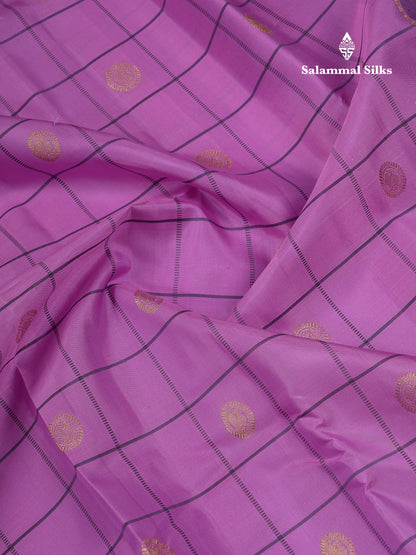 Beautiful Purple Checks With Peacock Butta Pure Kanjivaram Silk Saree With Contrast Violet Traditional Gap Border