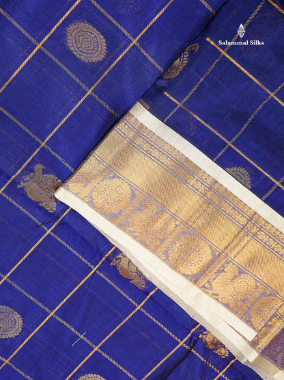 Pure Silk Cotton Saree - Navy Blue Big Checks With Traditional Butta Along With Contrast Cream Traditional Border
