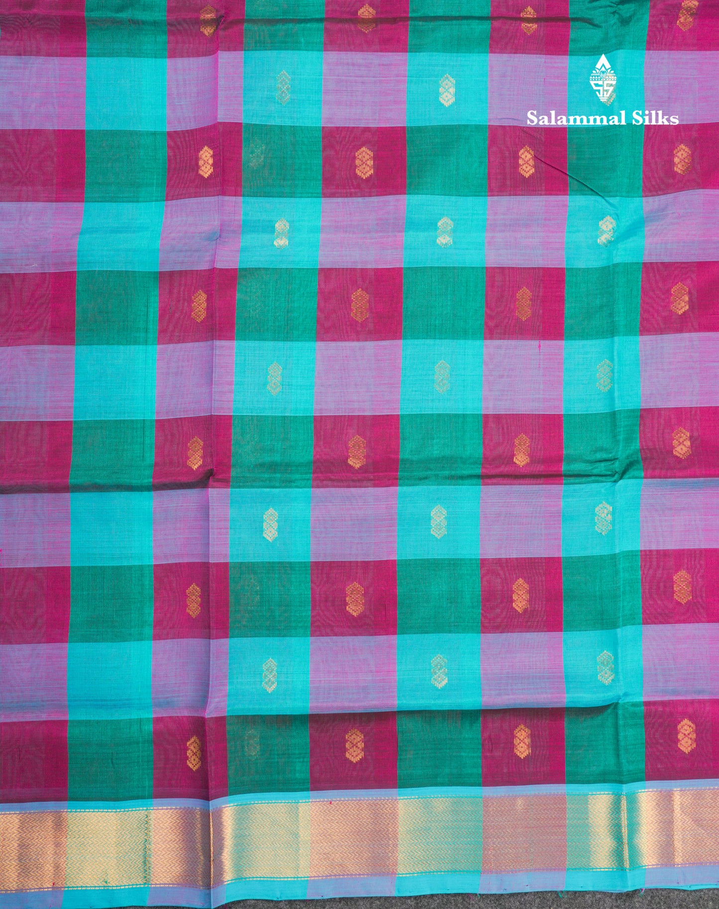 Paalum Pazham Checks Pure Silk Cotton Saree With Contrast Sapphire Blue Blouse