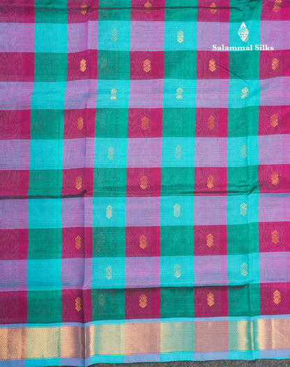 Paalum Pazham Checks Pure Silk Cotton Saree With Contrast Sapphire Blue Blouse