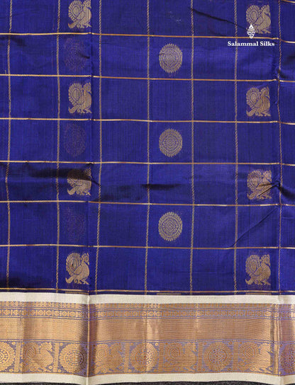 Pure Silk Cotton Saree - Navy Blue Big Checks With Traditional Butta Along With Contrast Cream Traditional Border