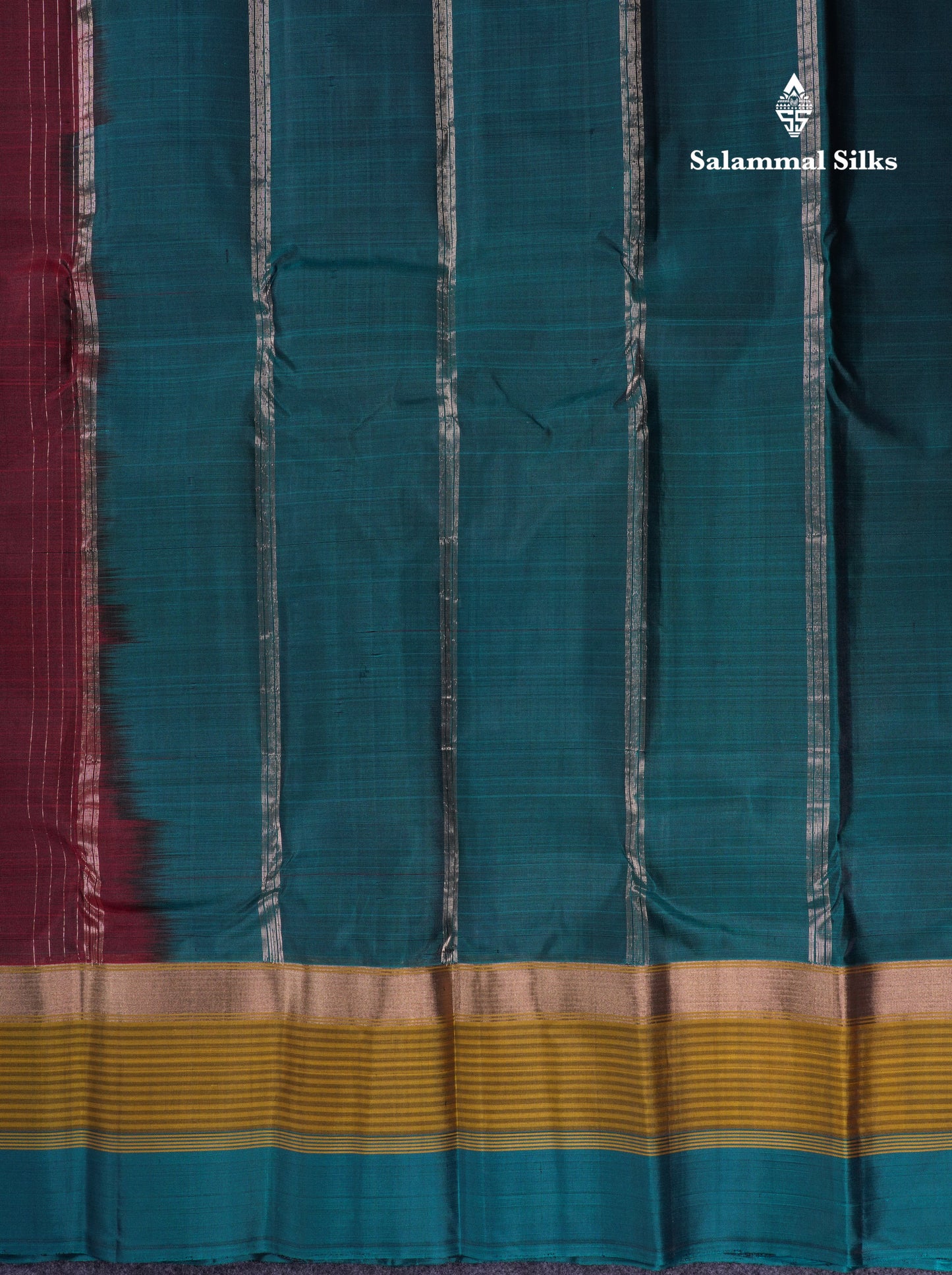 Beautiful Dark Maroon Pure Kanjivaram Silk Saree With Contrast Peacock Green Border