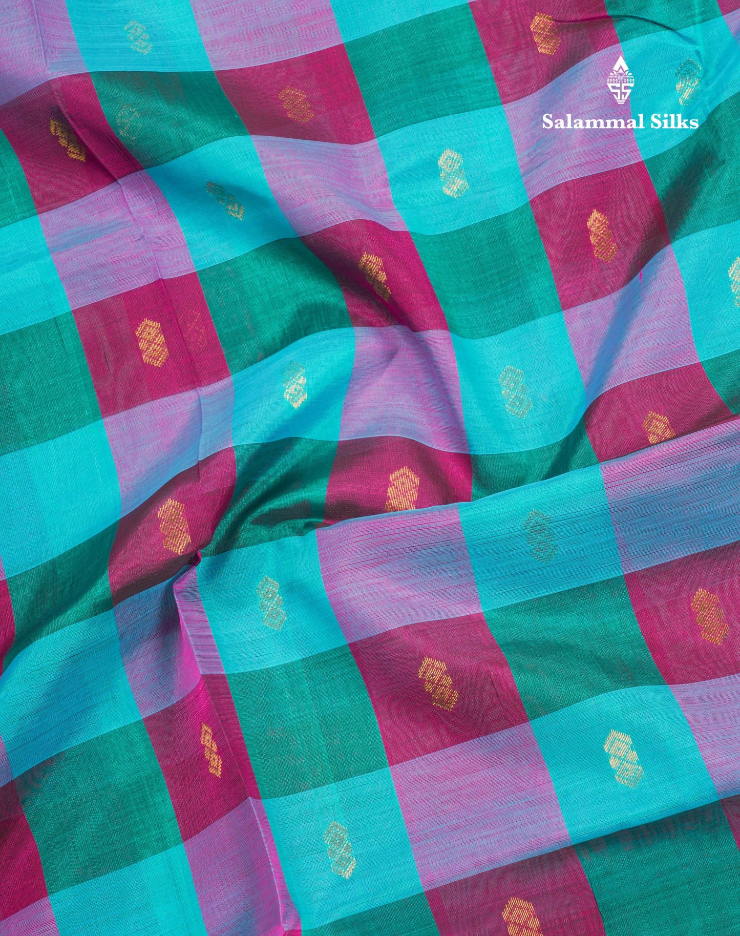 Paalum Pazham Checks Pure Silk Cotton Saree With Contrast Sapphire Blue Blouse