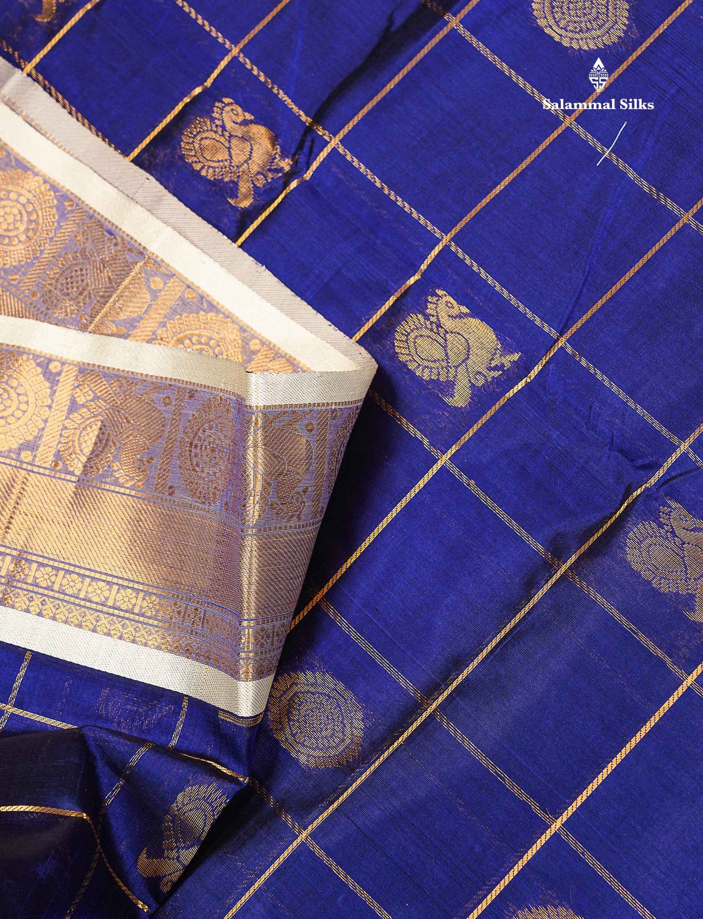 Pure Silk Cotton Saree - Navy Blue Big Checks With Traditional Butta Along With Contrast Cream Traditional Border