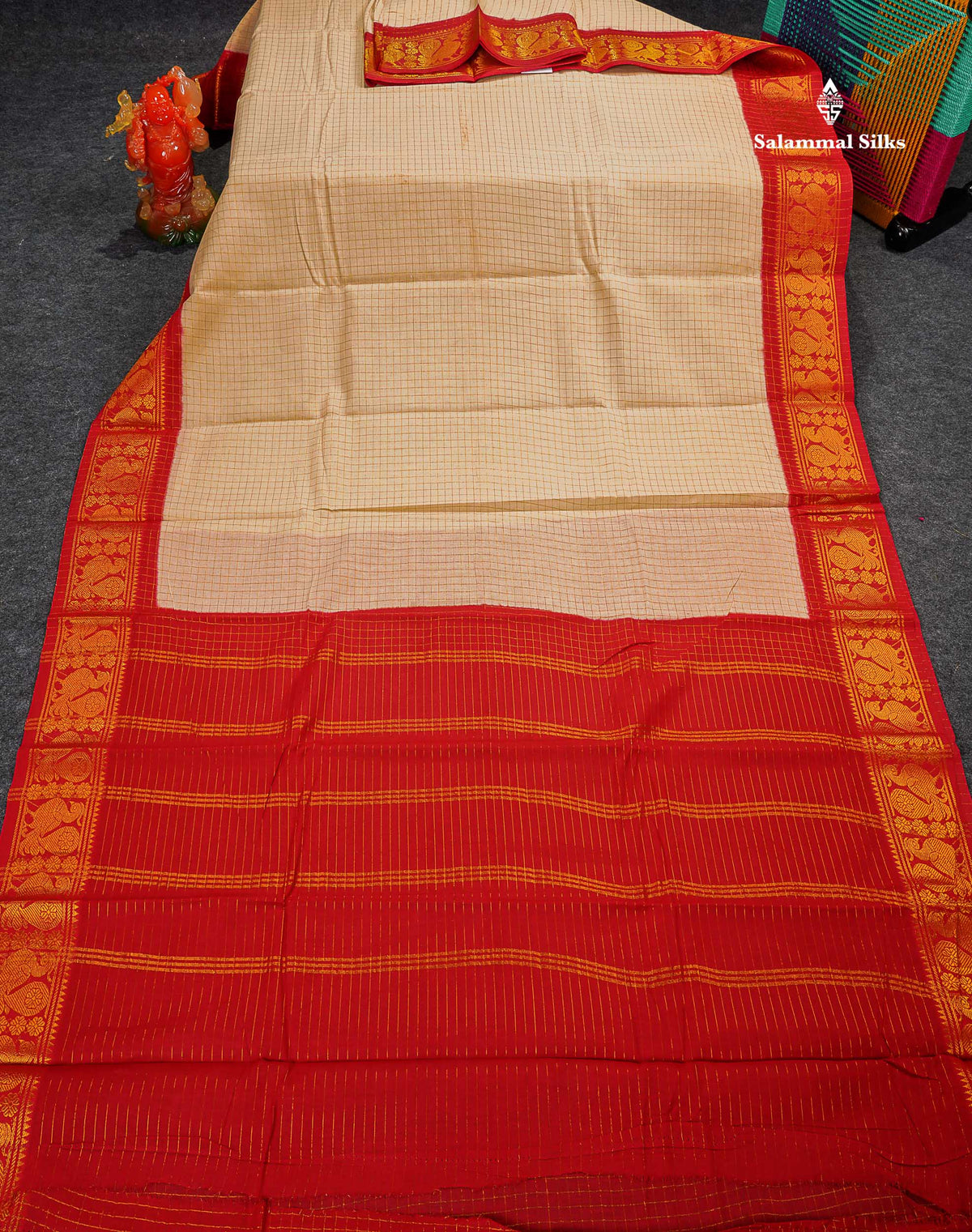 Sungudi Cotton Saree - Half White Colour Body Small Zari Checks With Chilly Red Border