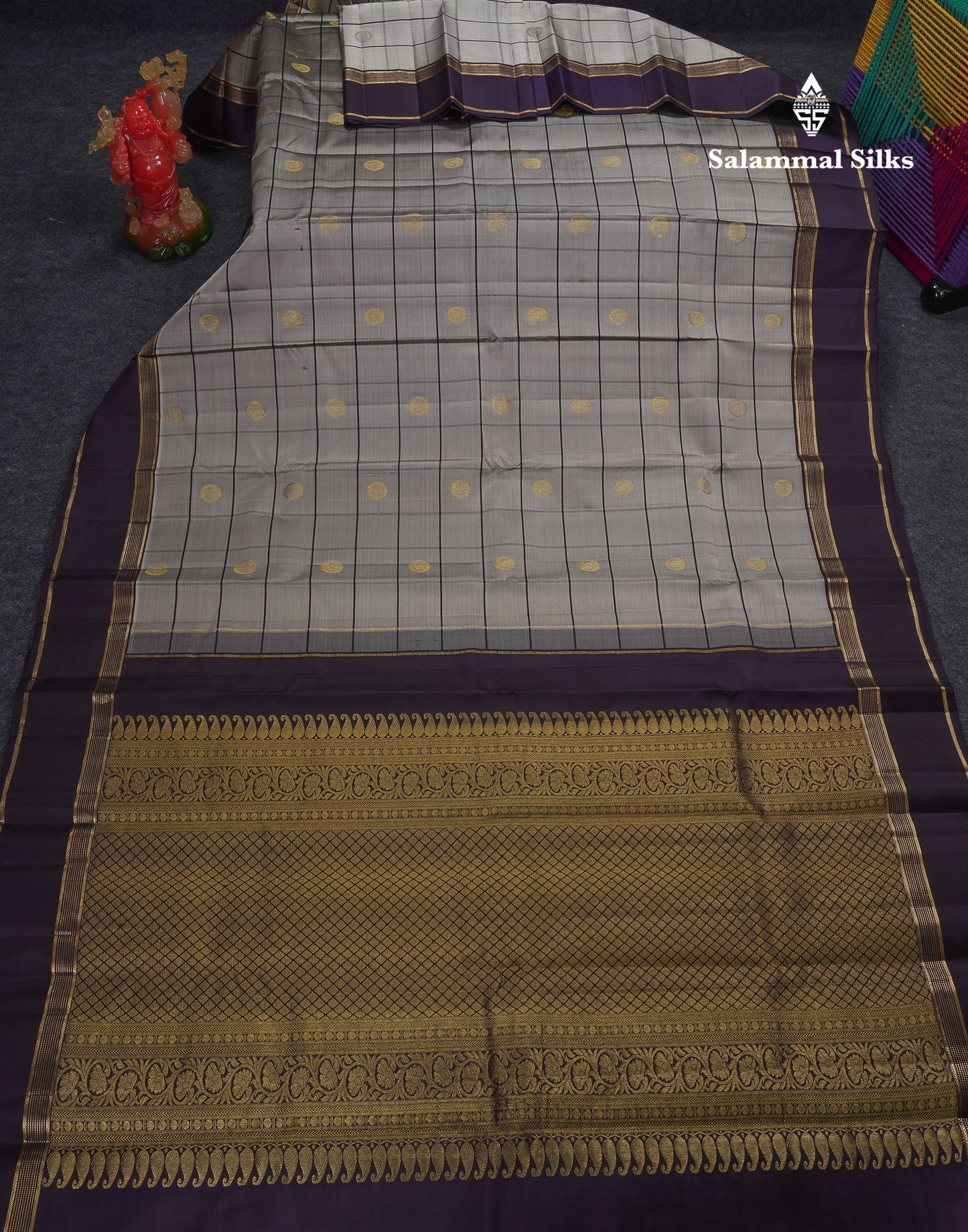 Beautiful Light Grey Checks With Peacock Butta Pure Kanjivaram Silk Saree With Contrast Dark Violet Traditional Gap Border
