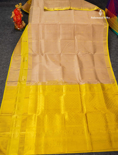 Pure Silk Cotton Saree - Sandal Small Checks With Butta Along With Contrast Lemon Yellow Traditional Evening Morning Border
