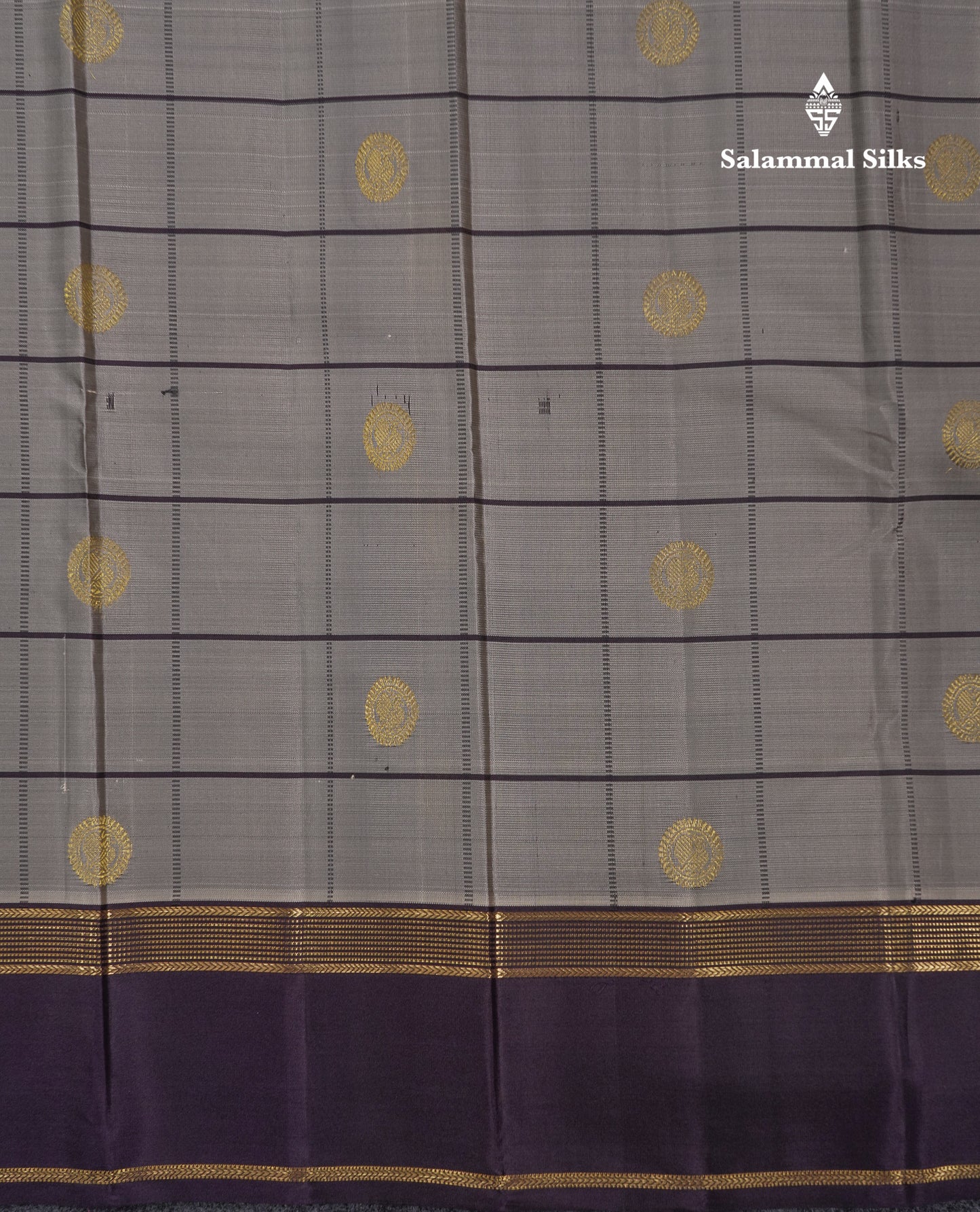 Beautiful Light Grey Checks With Peacock Butta Pure Kanjivaram Silk Saree With Contrast Dark Violet Traditional Gap Border
