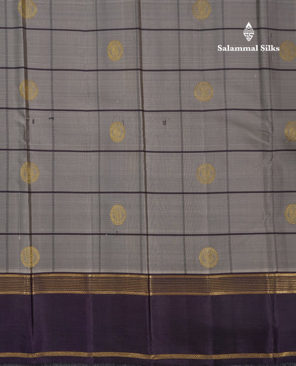 Beautiful Light Grey Checks With Peacock Butta Pure Kanjivaram Silk Saree With Contrast Dark Violet Traditional Gap Border