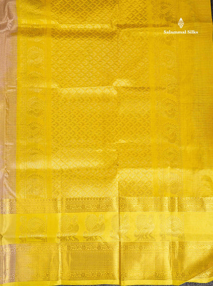Pure Silk Cotton Saree - Sandal Small Checks With Butta Along With Contrast Lemon Yellow Traditional Evening Morning Border