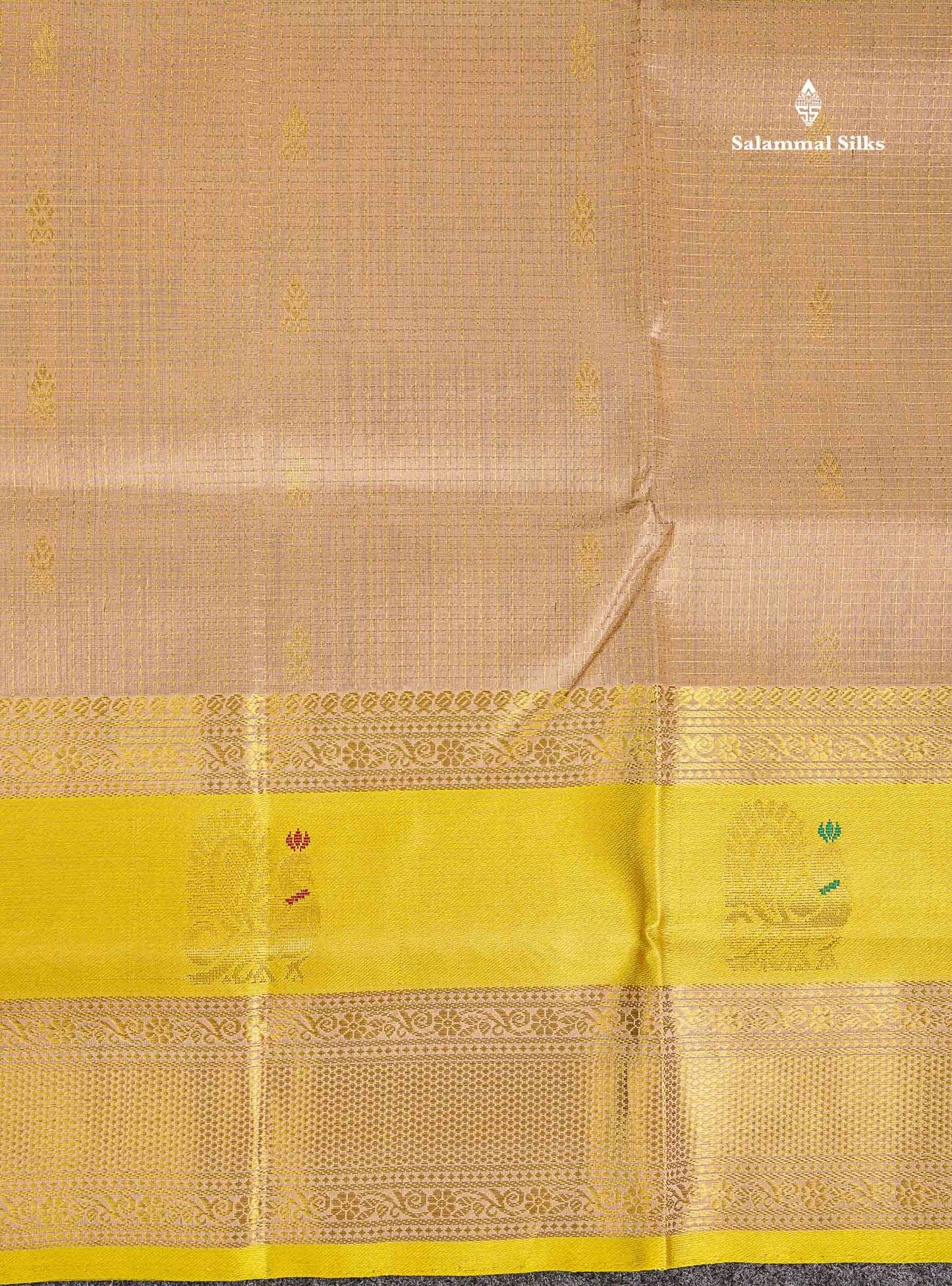 Pure Silk Cotton Saree - Sandal Small Checks With Butta Along With Contrast Lemon Yellow Traditional Evening Morning Border