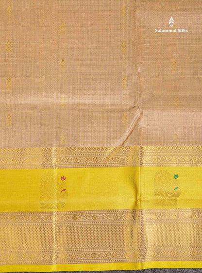 Pure Silk Cotton Saree - Sandal Small Checks With Butta Along With Contrast Lemon Yellow Traditional Evening Morning Border