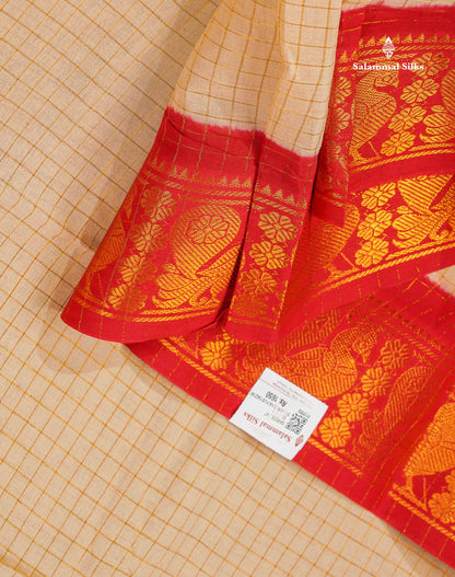 Sungudi Cotton Saree - Orange Colour Body Small Zari Checks With Baby Pink Border