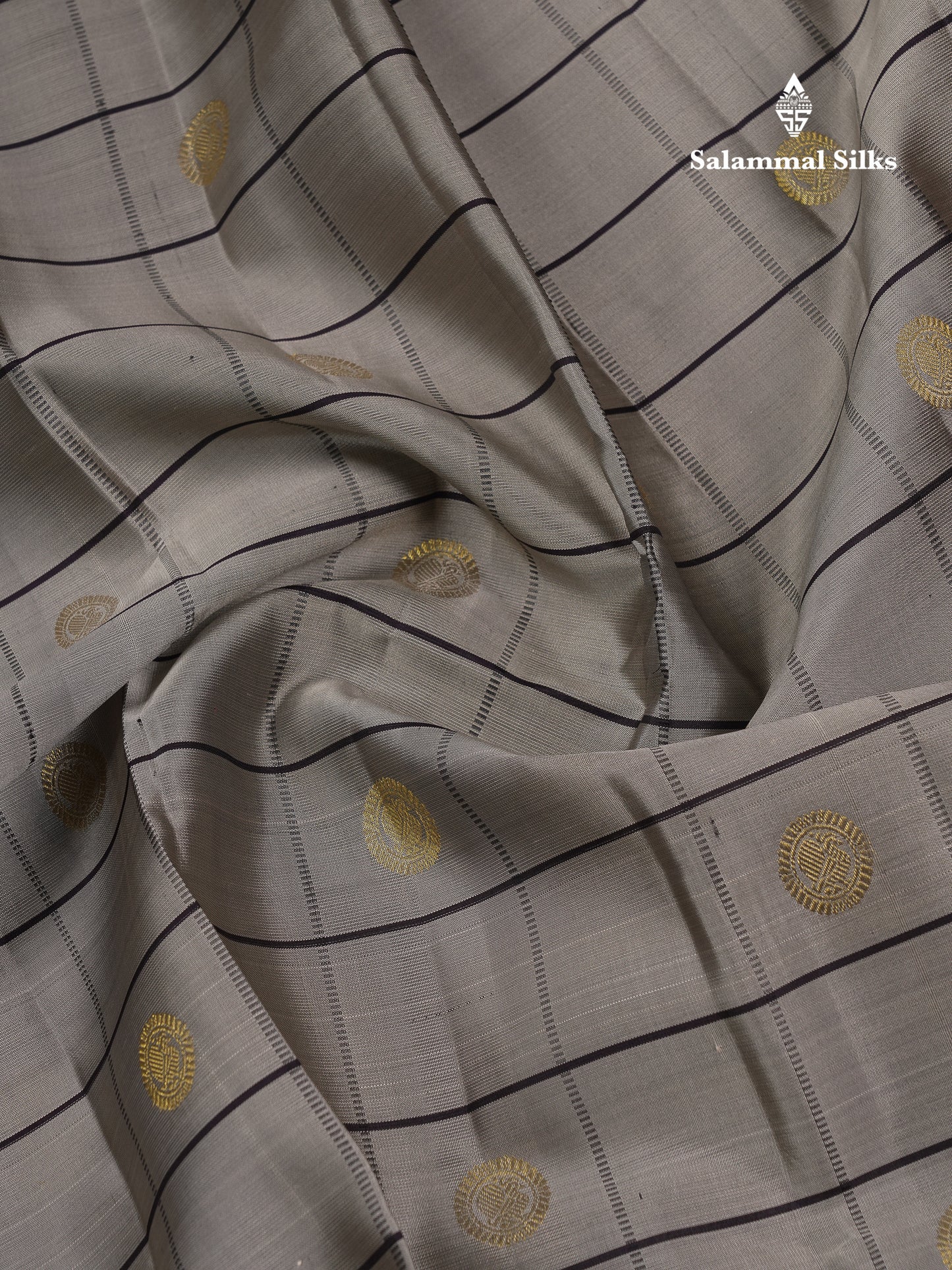 Beautiful Light Grey Checks With Peacock Butta Pure Kanjivaram Silk Saree With Contrast Dark Violet Traditional Gap Border