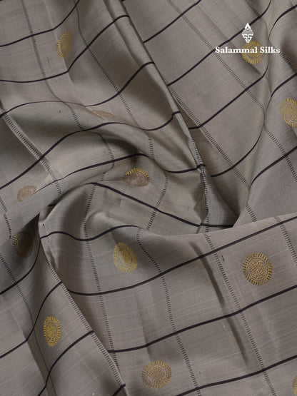 Beautiful Light Grey Checks With Peacock Butta Pure Kanjivaram Silk Saree With Contrast Dark Violet Traditional Gap Border