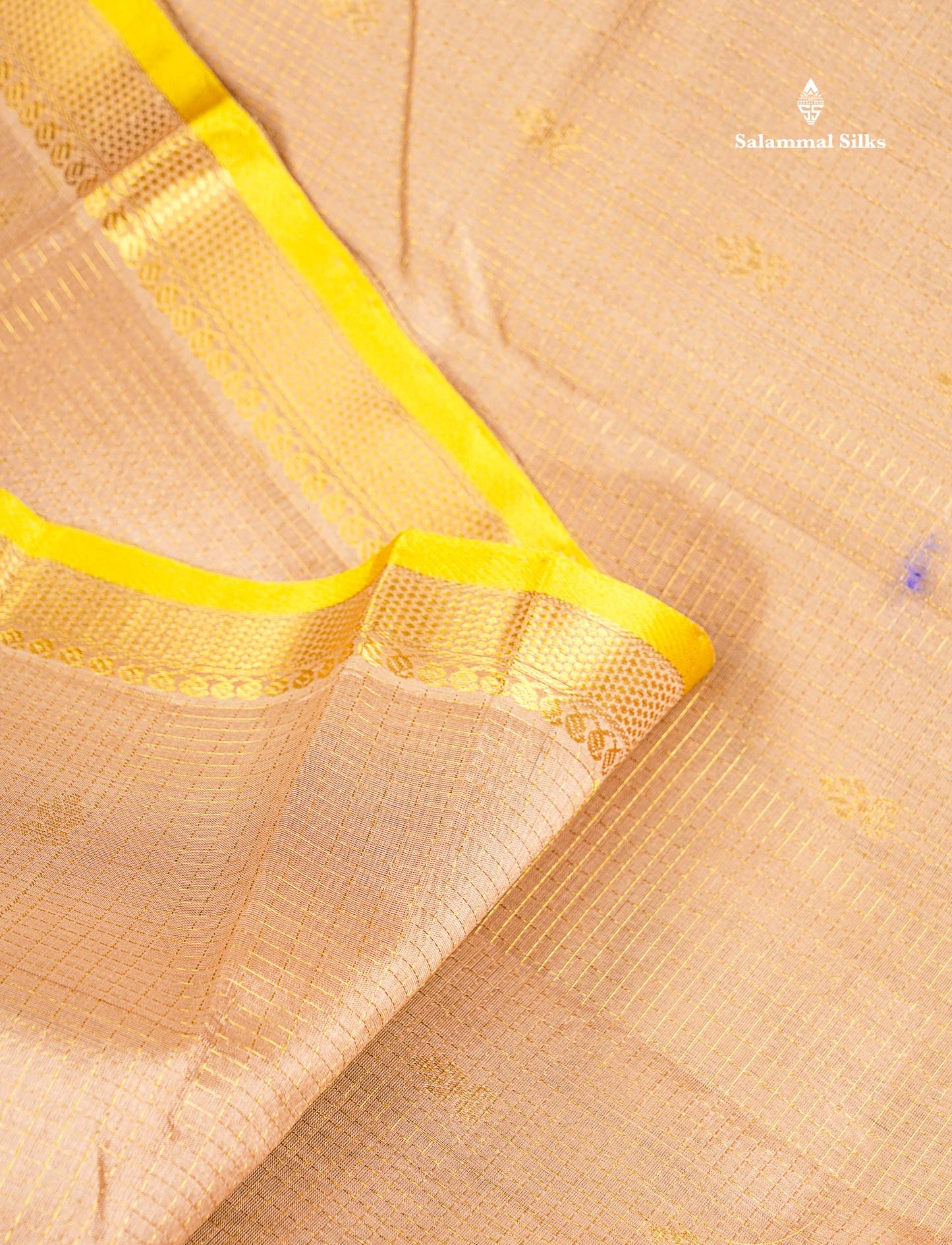 Pure Silk Cotton Saree - Sandal Small Checks With Butta Along With Contrast Lemon Yellow Traditional Evening Morning Border